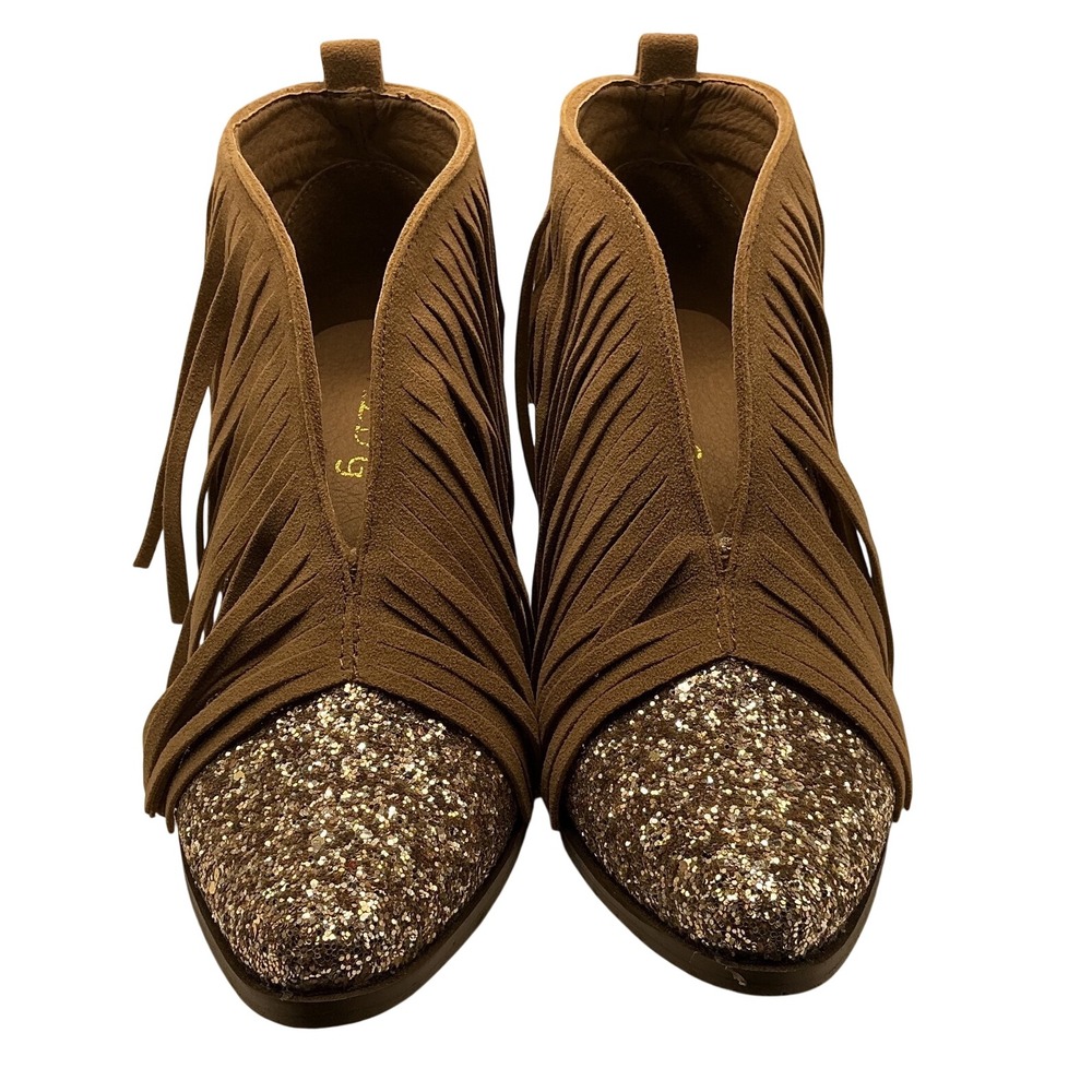 Wild G Brown Faux Suede Fringe Gold Glitter Toe Western Ankle Boots Size 6